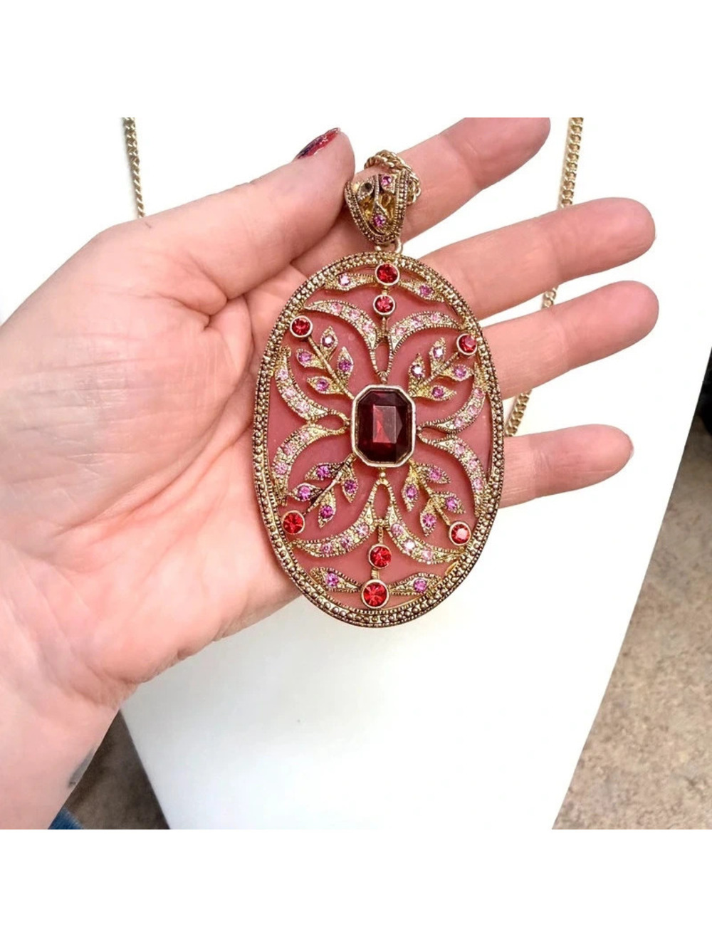 Vintage Large Statement Pendant Necklace Pink Enamel Gold Tone Rhinestone Pink